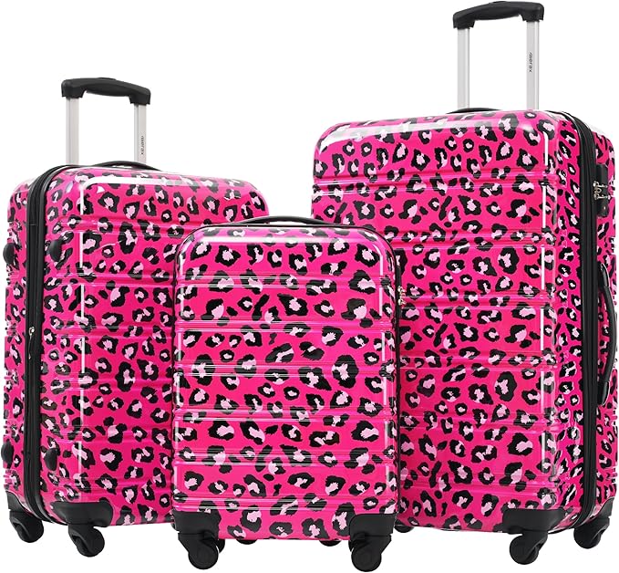 Merax Luggage Sets 3 Piece, Hardside Expandable Suitcase Set with Spinner Wheels, Lightweight Leopard 20+24+28 IN Suitcase with Carry on Luggage, Leopard Hot Pink
