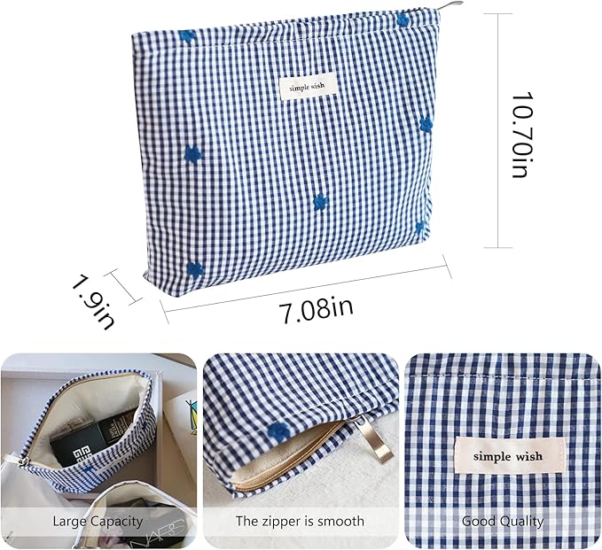 Wudygirl Cute Makeup Bag for Women - Travel Cosmetic Bag with Zipper Makeup Pouch Floral Make up Organizer Handbag Aesthetic (Navy BLue Checkered)