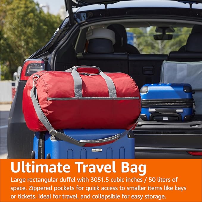 Amazon Essentials Lightweight Nylon Duffel Bag with Zippered Pockets, 20-inch, 30 lb Capacity, Red (Previously Amazon Basics)