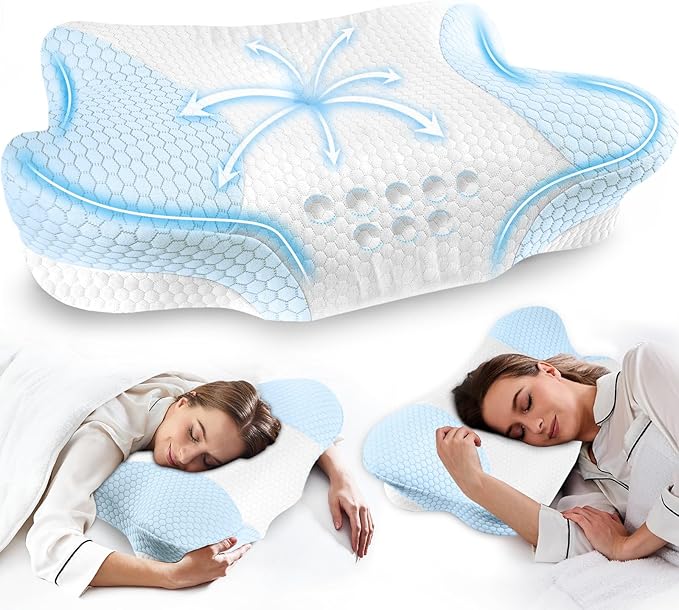 Cervical Neck Pillows with Memory Foam - Neck Pillows for Pain Relief Contour Memory Foam Pillows Ergonomic Neck Support - Adjustable Orthopedic Pillows with Breathable Pillowcase for Sleeping Blue