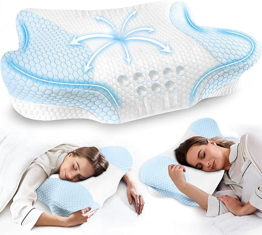 Cervical Neck Pillows with Memory Foam - Neck Pillows for Pain Relief Contour Memory Foam Pillows Ergonomic Neck Support - Adjustable Orthopedic Pillows with Breathable Pillowcase for Sleeping Blue