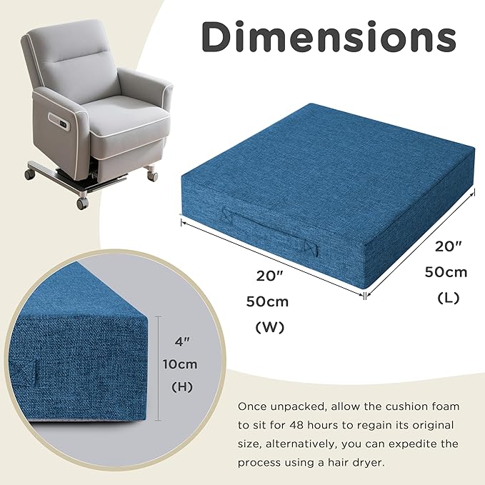 AddGrace Recliner Cushions for Elderly Thick Seat Cushion 20"x20"x4" Chair Pads with Non Slip Backing and Washable Cover for Couch Armchair Chairs Blue
