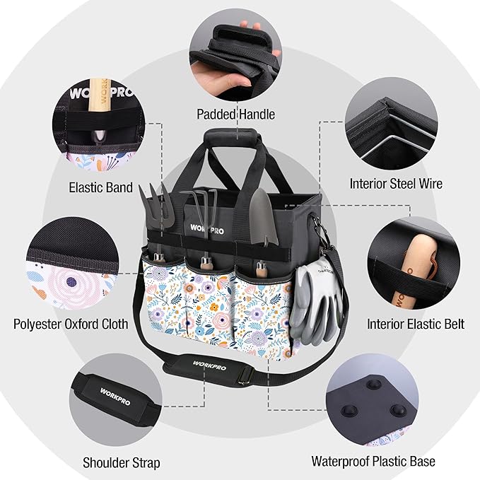 WORKPRO Garden Tool Bag, Heavy-Duty Gardening Tote Bag with 10 Pockets, Stand-Up Wide Mouth Tool Organizer, Adjustable Shoulder Strap, Large Capacity Storage – Floral White (Tools are not Included)