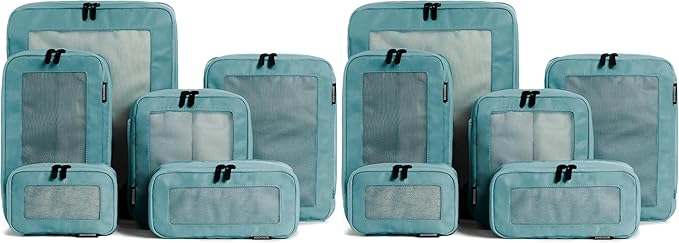 Aerotrunk Compression Packing Cubes for Travel - Luggage Organizer Bags - Double Zipper Packing Cubes for Suitcases (12-Pack, Teal)