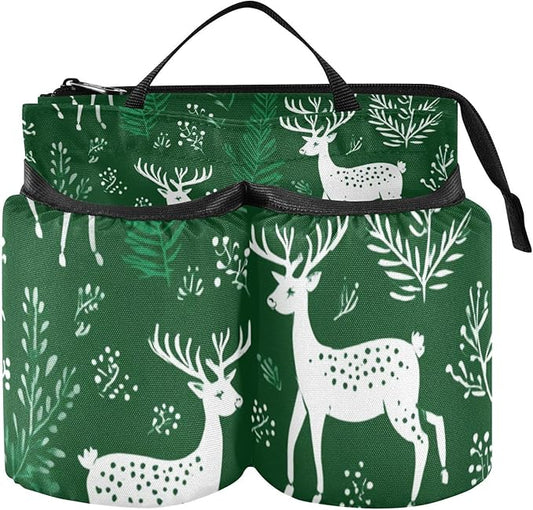 Green Christmas Deers Plants Luggage Cup Holder Travel Portable Free Hand Drink Carrier Suitcase Drinks Beverage Holder Carry-On Bottle Mug Holder Organizer Bag Travelers Accessories