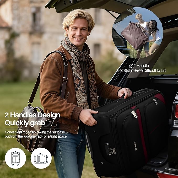 32'' Large Softside Suitcase,Expandable 15% Luggage,with Double Spinner Wheels and LOCK,Lightweight Travel Suitcase for Men/Women（Black-Burgundy,32in）
