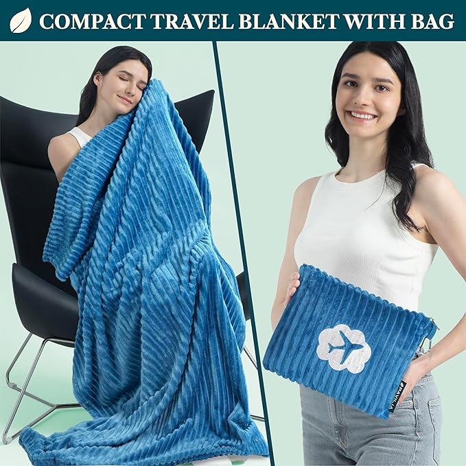 PAVILIA Travel Blanket Pillow in Soft Bag with Pockets, Airplane Blanket Set, Plane Blanket Compact Packable, Flight Essentials Car Pillow, Travelers Accessories Gifts, Luggage Strap, Turquoise