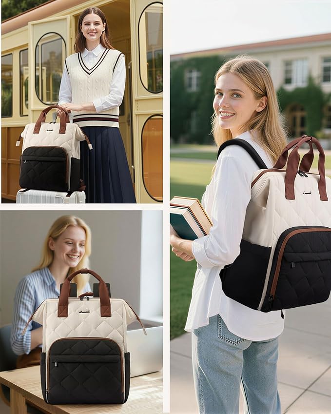 LOVEVOOK Laptop Backpack for Women, 15.6 inch Work Travel Backpack Purse, Puffer Quilted Laptop Backpack Casual Daypack for Nurse Teacher，Black-White-Brown
