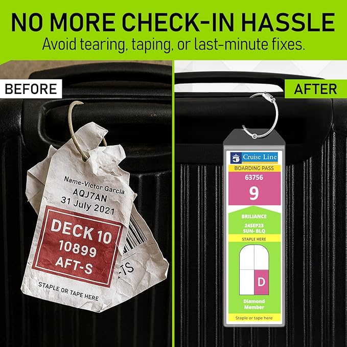 Untethered Cruise Luggage Tag Holders (6 Pack, Narrow) | Clear Luggage Tags for Cruise Ships | Durable PVC Travel Bag ID Tags (6.3" x 2.4")