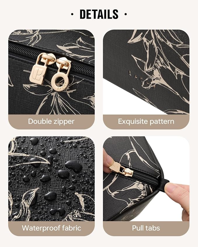 EACHY Travel Makeup Bag, Large Capacity Cosmetic Bags for Women, Waterproof Portable Pouch Open Flat Toiletry Bag Pattern Make up Bag (F-Black)