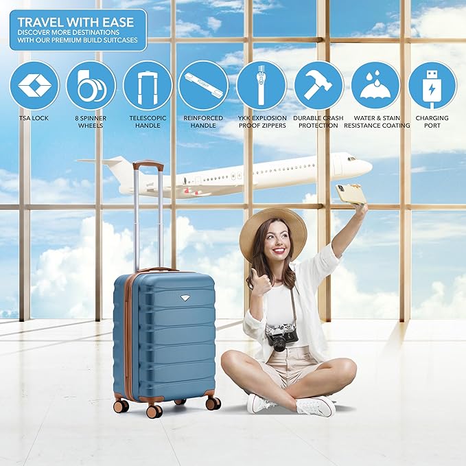Flight Knight 24x16x10 Expandable Carry On Suitcase Hardside TSA Lock USB C Lightweight Luggage Silent Double Spinner Wheels Maximum Overhead Carry-On Bag For Virgin South West Approved Blue/Tan