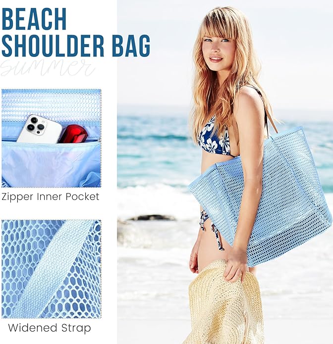 Beach Bags for Women, Summer Travel Mesh Tote Bag with Large Inner Pocket, Sandproof Woven Shoulder Handbag