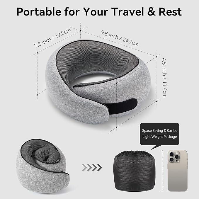 Travel Neck Pillow for Airplanes, Premium Memory Foam Neck Pillow with Ergonomic 360° Support, Travel Essentials for Plane, Car, Train and Home, Gray