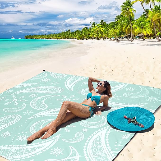 Beach Blanket Sandproof Extra Large Beach Mat Adults Waterproof Quick Drying Sand Free Mat with 4 Stakes & 4 Corner Pockets for Outdoor Travel Camping Hiking White 79" X 83"