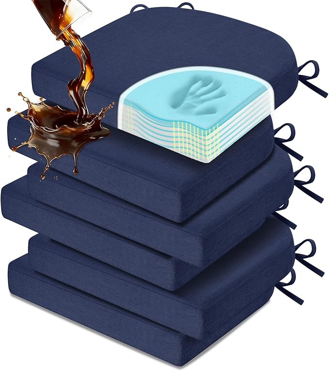 downluxe Chair Cushions for Dining Chairs, Memory Foam Linen Kitchen Chair Pads with Ties, Waterproof, Stain-Resistant and Washable Cover, 17" x 16" x 2.5", Blue, 6 Pack