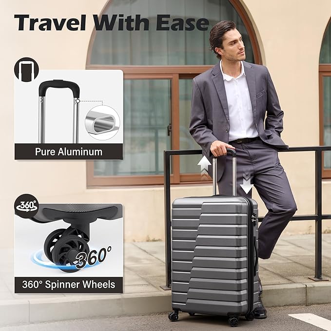 Coolife Expandable Large Checked Luggage with Spinner Wheels, Hard Shell Suitcase TSA Lock Rolling Travel Luggage 28-inch,Gray