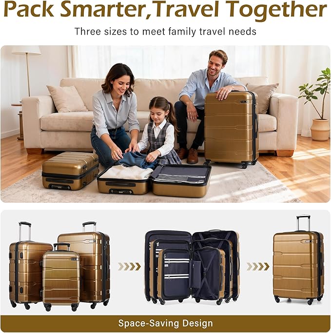 Coolife Luggage Set 3 Piece Hardside PC+ABS Suitcase with TSA Lock, Expandable Large Checked Luggage, Lightweight Rolling Carry On with Spinner Wheels(20/24/28 Inch, Black Brown)