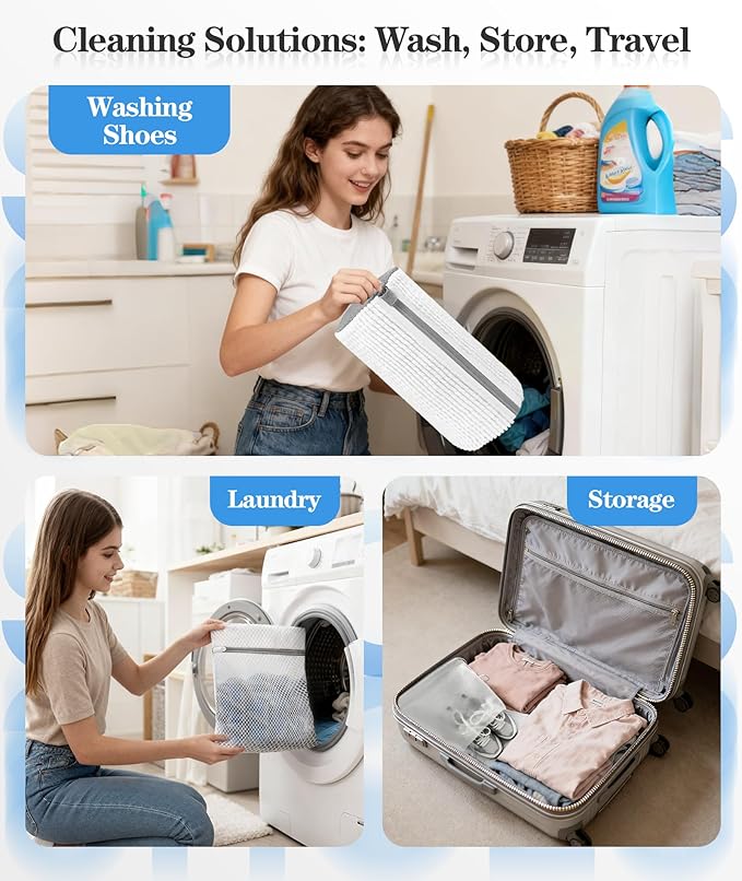 3-IN-1 Laundry & Shoe Washing Machine Bag Kit : Laundry Shoe Bag for Washer and Dryer,Reusable Shoe Cleaning Bag for Sneakers,Tennis,Self-locking Zipper & Microfiber,Include 3 Laundry Bag & 2 Shoe Bag