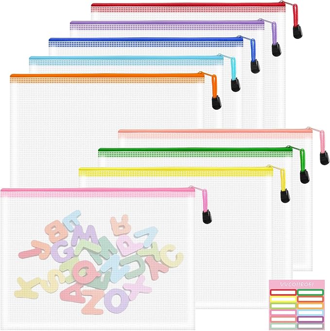 9pcs Mesh Zipper Pouch Bags, B5 Zipper Pouch, Mesh Bags with Zipper, Plastic Zipper Pouches, 9 Colors Zipper Pouches for Organizing, Board Game Storage, Travel, School Office Organize