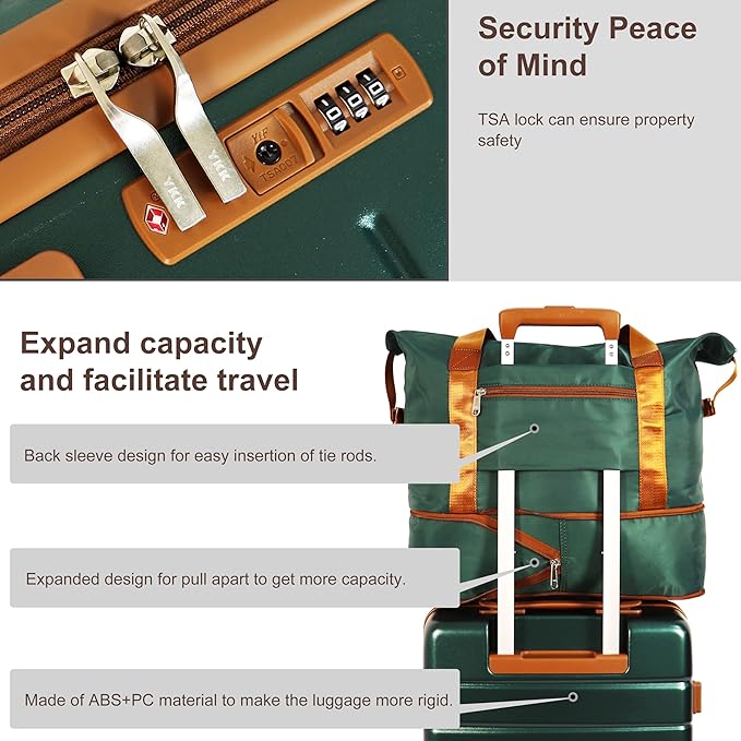 5-Piece Luggage Set for Family Travel, Lightweight Hardshell PC+ABS Suitcases set, Suitcase with 8 Smooth Spinner Wheels, TSA Lock, YKK Zippers (20/24/28/DB/TB Green)