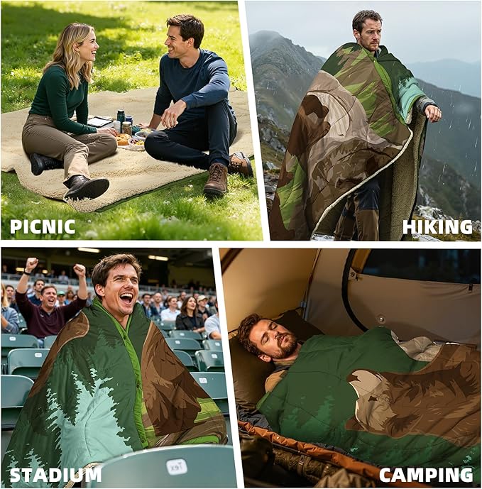 Outdoor Camping Blanket with Sherpa Lining, Extra Warm Thick Camp Blankets and Puffy Ultralight Soft Poncho DWR Camping Quilt for Cold Weather, Adventure, Sleeping, Backpacking 78"x 56"