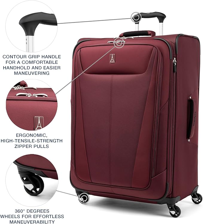 Travelpro Maxlite 5 Softside Expandable Luggage with 4 Spinner Wheels, Lightweight Suitcase, Men and Women, Burgundy, Checked-Large 29-Inch