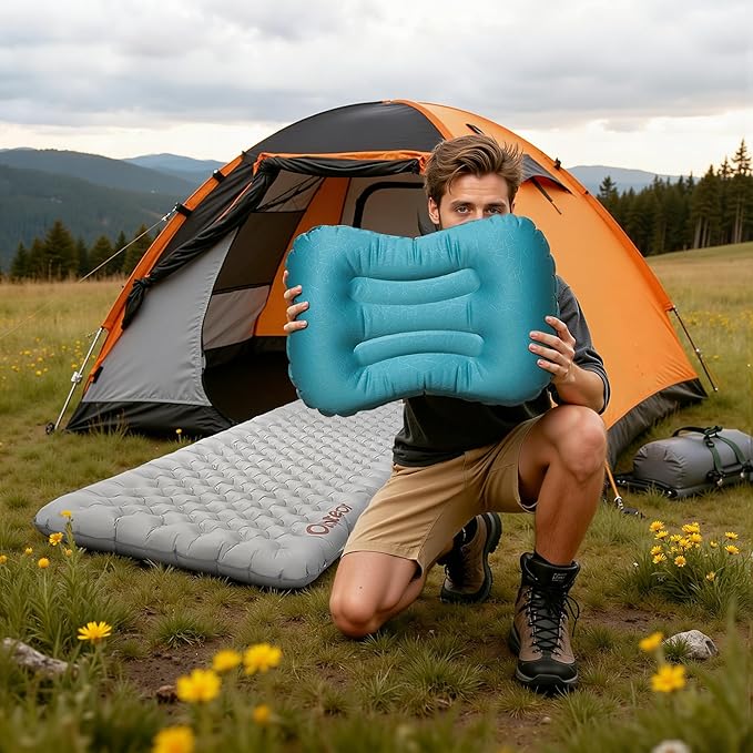 Ultralight Inflatable Camping Pillow, Compressible, Compact, Comfortable, Ergonomic Inflating Pillows, Portable Travel Air Pillow for Outdoor Camp, Hiking, Backpacking & Airplane Travel