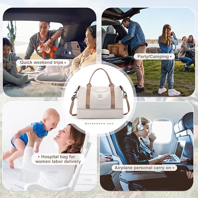 Weekender Bags for Women, Travel Duffel Bags with Shoe Compartment & Wet Pocket,Travel Bag for Airlines,Carry on Overnight Tote Bag for women with Toiletry Bag,3Pcs Set，Beige & Brown