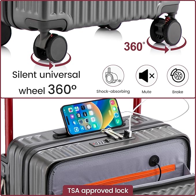 20 Inch Carry On Luggage with Spinner Wheels,PC Hard Shell Suitcase with USB Port,Lightweight Travel Luggage Airline Approved for Men Women (Iron Gray)