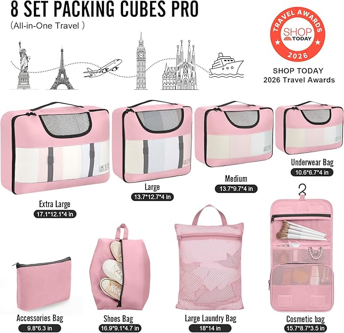 Veken 8 Set Packing Cubes for Travel Essentials, Suitcase Organizer Bags in 4 Sizes, Carry-On Luggage Accessories with Large Laundry & Hanging Toiletry Bag, Must-Have for Airplane, Road Trip & Camping