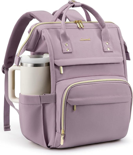 LOVEVOOK Laptop Backpack for Women with Giant Tumbler Holder Pocket,17 inch Waterproof Travel Backpack Purse Computer Laptop Bag,Professional Work College Nurse Teacher Backpack Daypack,Light Purple