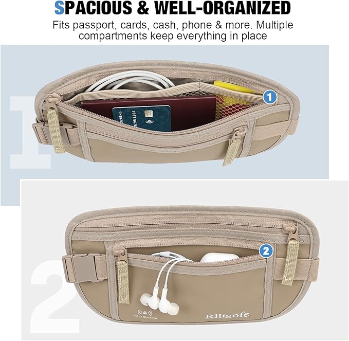 Money Belt for Travel Women and Men Hidden - Slim RFID Blocking Travel Wallet with Secure Anti-Theft Pouch, Passport Holder for Passport, Credit Cards, Cash Under Clothes
