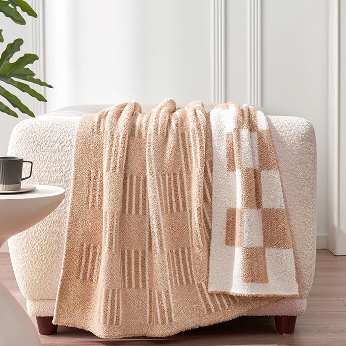Snuggle Sac Checkered Throw Blanket Faux Fur Microfiber Blankets for Couch,Reversible Soft Cozy Warm Blanket for Sofa Bedroom,Cute Lightweight Striped Throws for Women,Heather Beige,60x80 inches