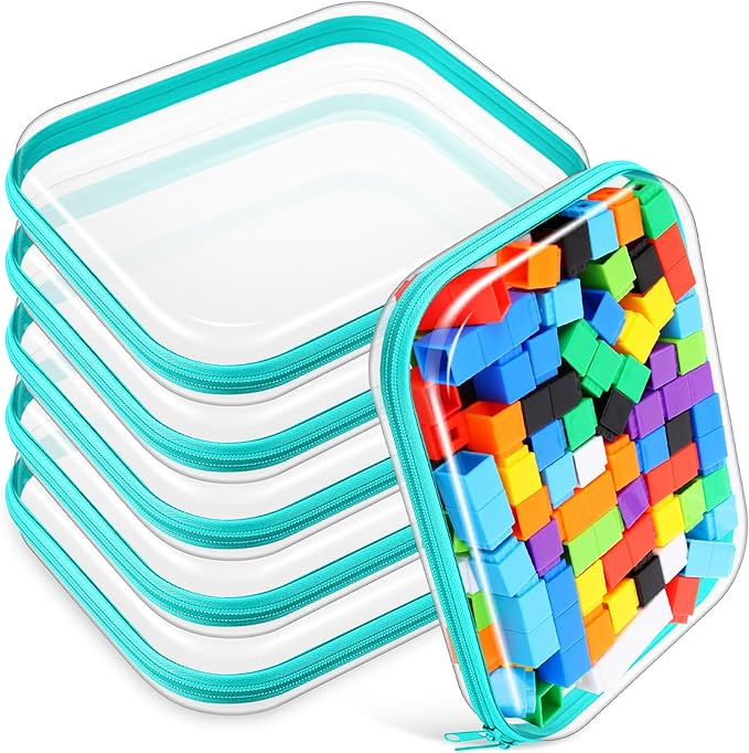 Sanwuta 6 Pcs Clear Hard Zipper Case Plastic Zipper Pouches Transparent Makeup Bag Pencil Case Pouches Toiletry Diaper Bag for Travel Toy Storage Organizer Bins(Teal,9.84 x 7.87 x 2 Inch)