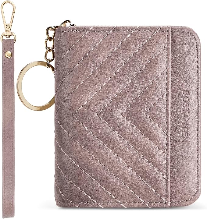 BOSTANTEN Credit Card Holder Wallet RFID Blocking Leather Small Wallet for Women Zipper Keychain Wallet with Wristlet Purple