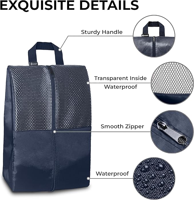 Shoe Bags For Travel, Used As For Storage or Shoe Travel Bag, Space Saving When Travelling With This Travel Shoe Bags For Packing, Featuring Waterproof Nylon Sneaker Bag. (Navy, 2 Pack, Medium)