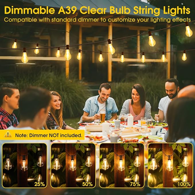 100FT Outdoor String Lights, Patio Light with 32 A39 Bulbs, Black | Plug in, Dimmer not included, Waterproof, Shatterproof, Extendable, LED Hanging Lamp for Indoor Outside Decor, Warm White