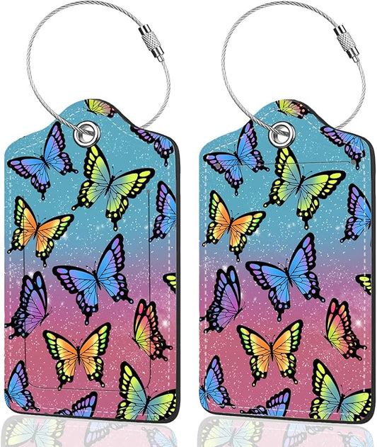 2Pack Luggage Tags for Suitcases, Cute Unique Pu Leather Cruise Luggage Tag with Privacy Cover ID Label Address Card and Metal Ring Suitable for Women Men Kids Travel Bag Colorful butterflies