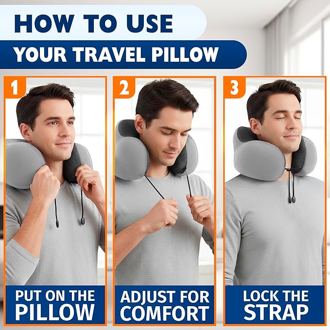 Plane Neck Pillow for Long Flights – 4-in-1 Set | Adjustable Memory Foam Gray Airplane Pillow Neck Support, Eye Mask, Earplugs, & Cover | Soft Washable Cotton Cover, Button Closure – Comfort Traveling