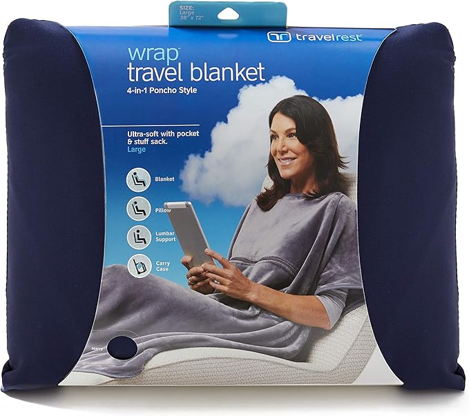 TRAVELREST 4-in-1 Travel Blanket – Wearable Blanket, Pillow & Body Wrap, Lightweight, Compact & Cozy with Carry Case, Travel Friendly, Comfort, Ideal for Airplanes, Long Flights, Road Trips - Blue