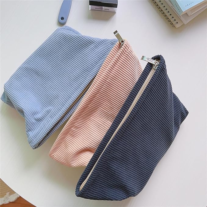 HAPPYHEIDI Large Corduroy Makeup Bag with Compartment Cosmetic Toiletry Travel Accessory Pouch Purse Organizer, Soft Misty Blue