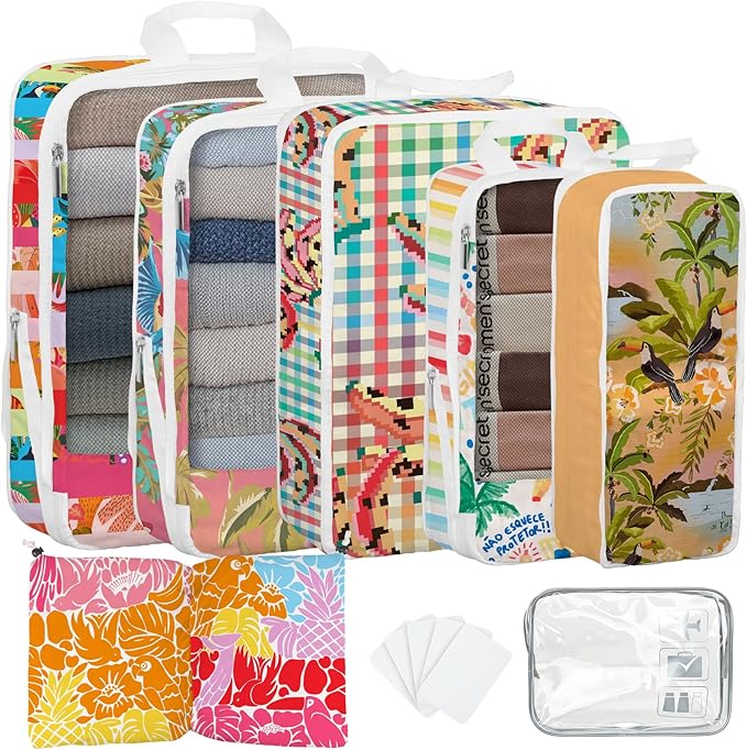 7 Pcs Compression Packing Cubes for Travel, Waterproof Suitcase Luggage Backpack Organizer with Toiletry Bag Travel Essentials for Women/Men-Tropical Pattern