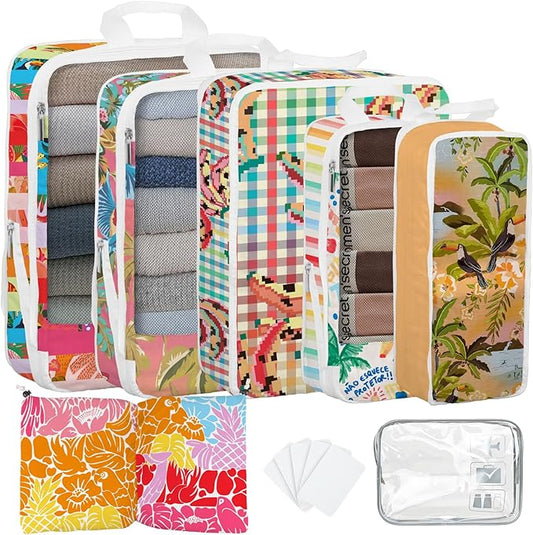 7 Pcs Compression Packing Cubes for Travel, Waterproof Suitcase Luggage Backpack Organizer with Toiletry Bag Travel Essentials for Women/Men-Tropical Pattern