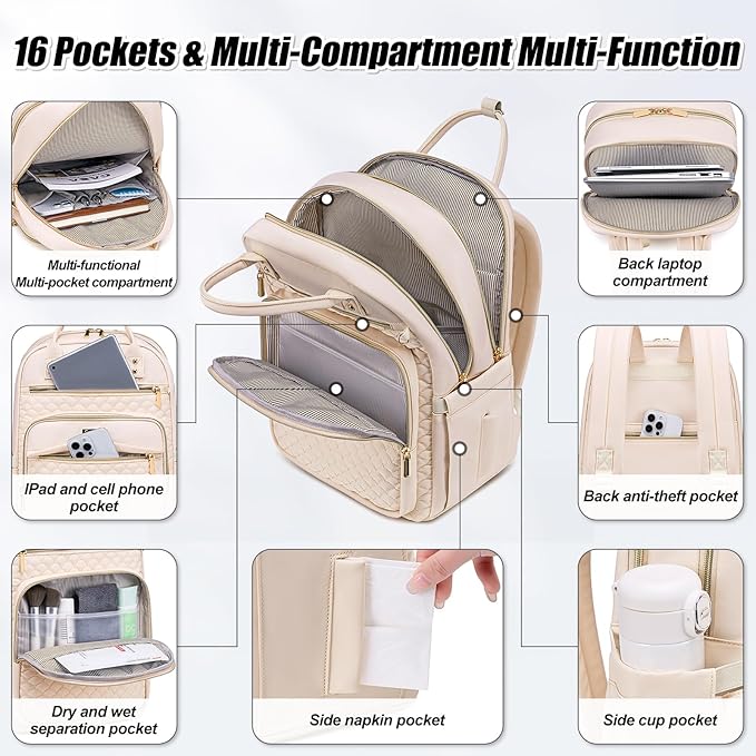 Tealari Laptop Backpack for Women,15.6 Inch Laptop Backpack for Work,Water Resistant Travel Backpack,College Bookbag with Wallet (Beige)