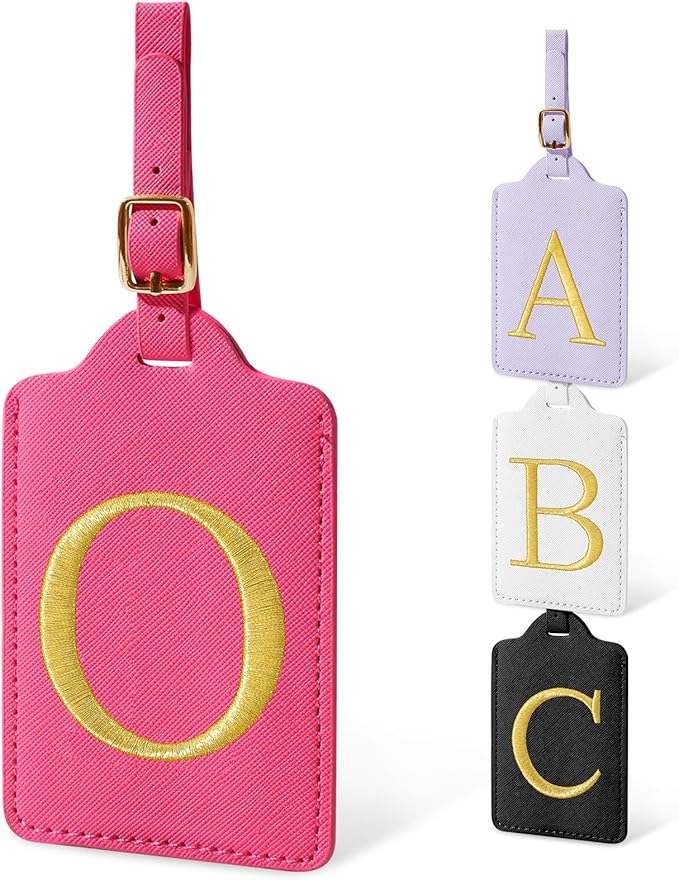 Initial Letter Luggage Tags for Suitcases, Personalized Embroidered Letter Luggage Bag Suitcase Identifier Name Tag, Cute PU Leather Travel Luggage Tags, Bag Tags for Luggage Handbags(Rosered O)