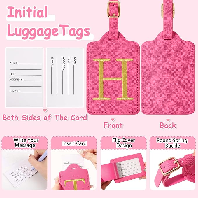 Initial Luggage Tags for Suitcases, Cute Embroidered Letter Luggage Bag Suitcase Identifier Name Baggage Tag, PU Leather Travel Luggage Tags, Bag Tags for Men Women Kids Luggage Handbags(Rosered H)
