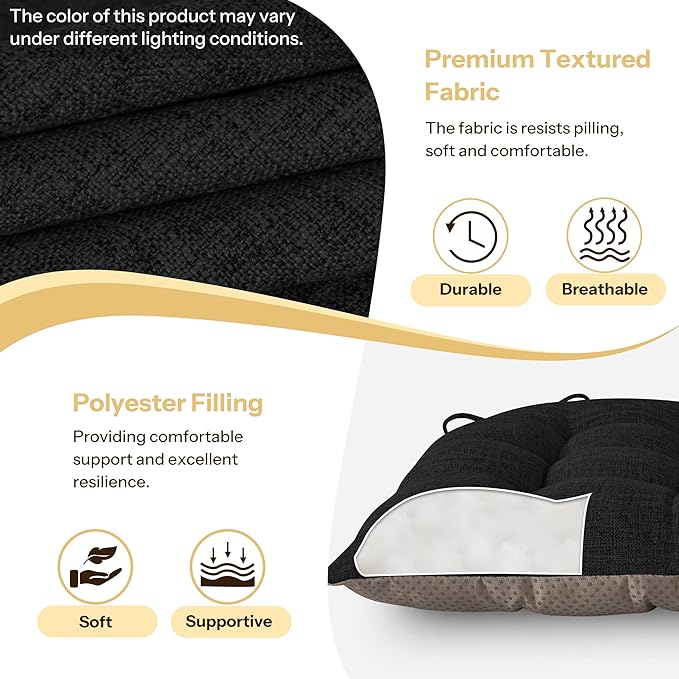 Chair Cushions for Dining Chairs Set of 4 Durable D-Shaped Seat Cushions with Non-Slip Backing Secure Ties Thick Cozy Seat Pad for Kitchen Dining Room Office(18x16.5x3in Black)