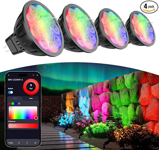 Smart MR16 Bulb, 12V WiFi MR16 LED Bulb RGBW Color Changing 4pcs | MR16 Landscape Light Bulbs, Dimmable & Multicolor, RGBCW CCT Tunable 2700K-6500K, GU5.3 Bi-pin Base, Memory Function