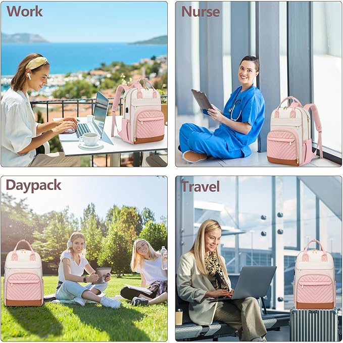 Laptop Backpack for Women Work Bag - 15.6 inch Travel Backpack Purse with USB Charger College Bookbag Waterproof Cute Casual Daypack Fashion Business Computer Backpacks for Teacher Nurse Pink Beige