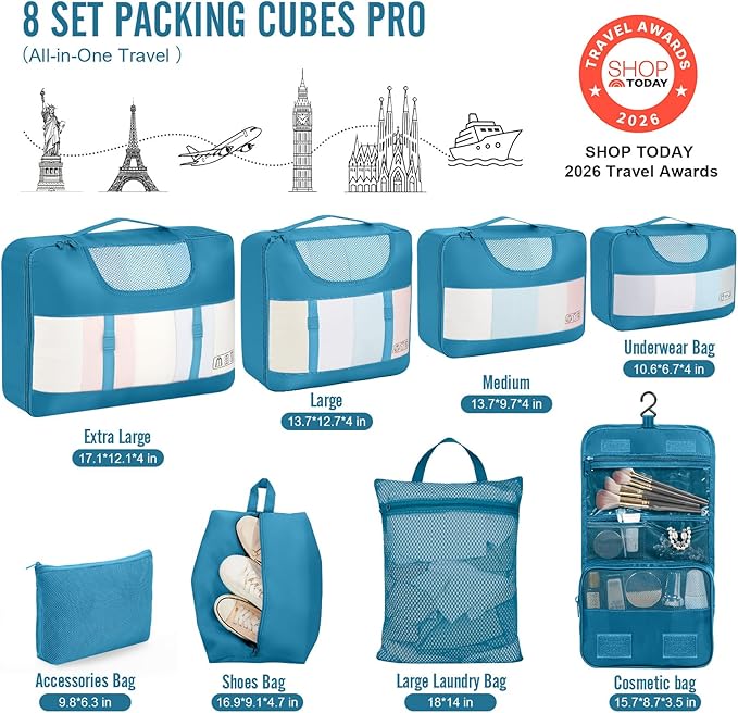 Veken 8 Set Packing Cubes for Travel Essentials, Suitcase Organizer Bags in 4 Sizes, Carry-On Luggage Accessories with Large Laundry & Hanging Toiletry Bag, Must-Have for Airplane, Road Trip & Camping